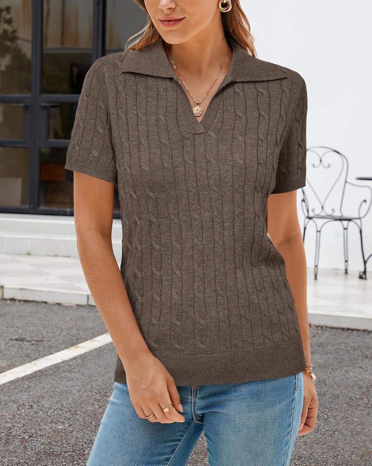 imageArachampCloz Womens Wool Blend Knit Spring Business Casual Relaxed fit Short Sleeve Sweater Pullover 2026Cable Knitcoffee