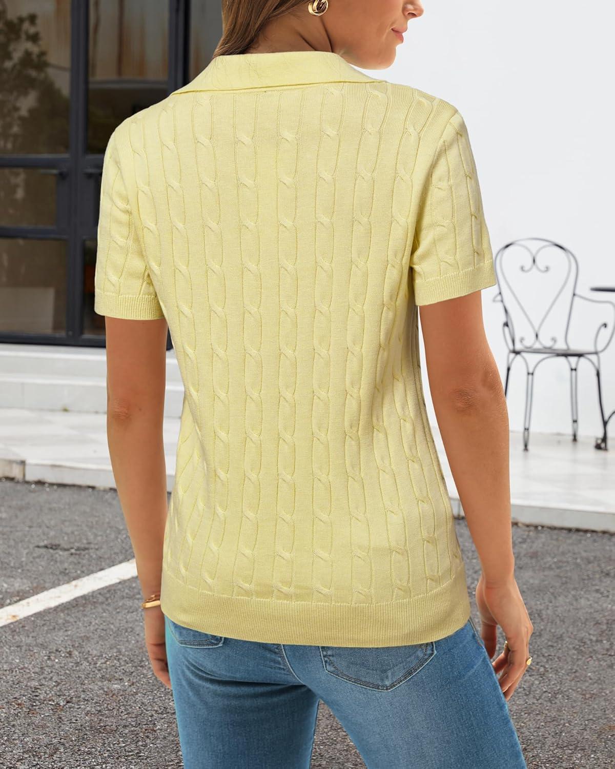 imageArachampCloz Womens Wool Blend Knit Spring Business Casual Relaxed fit Short Sleeve Sweater Pullover 2026Cable Knityellow