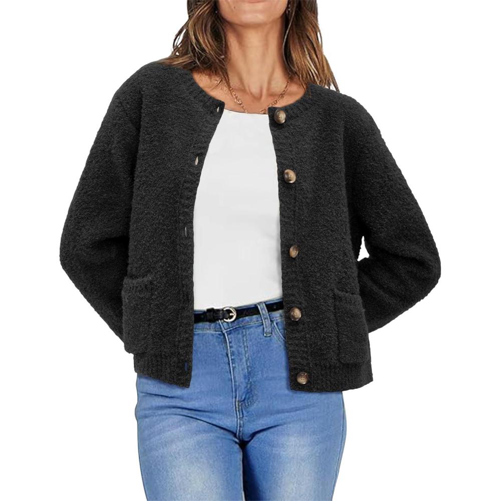 imageAampC URBAN Open Front Cardigan Sweaters for Women Button Down 2024 Fall Fashion Long Sleeve Cute Knitted Sweater with Pockets