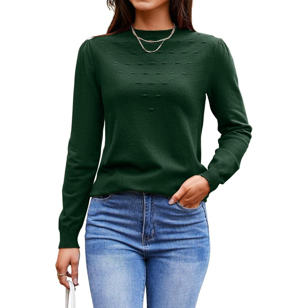 imageArachampCloz 2024 Fall Sweaters Long Puff Sleeve Tops Crew Neck Special Dots Trendy Casual Lightweight Pullover Clothes OutfitsGreen