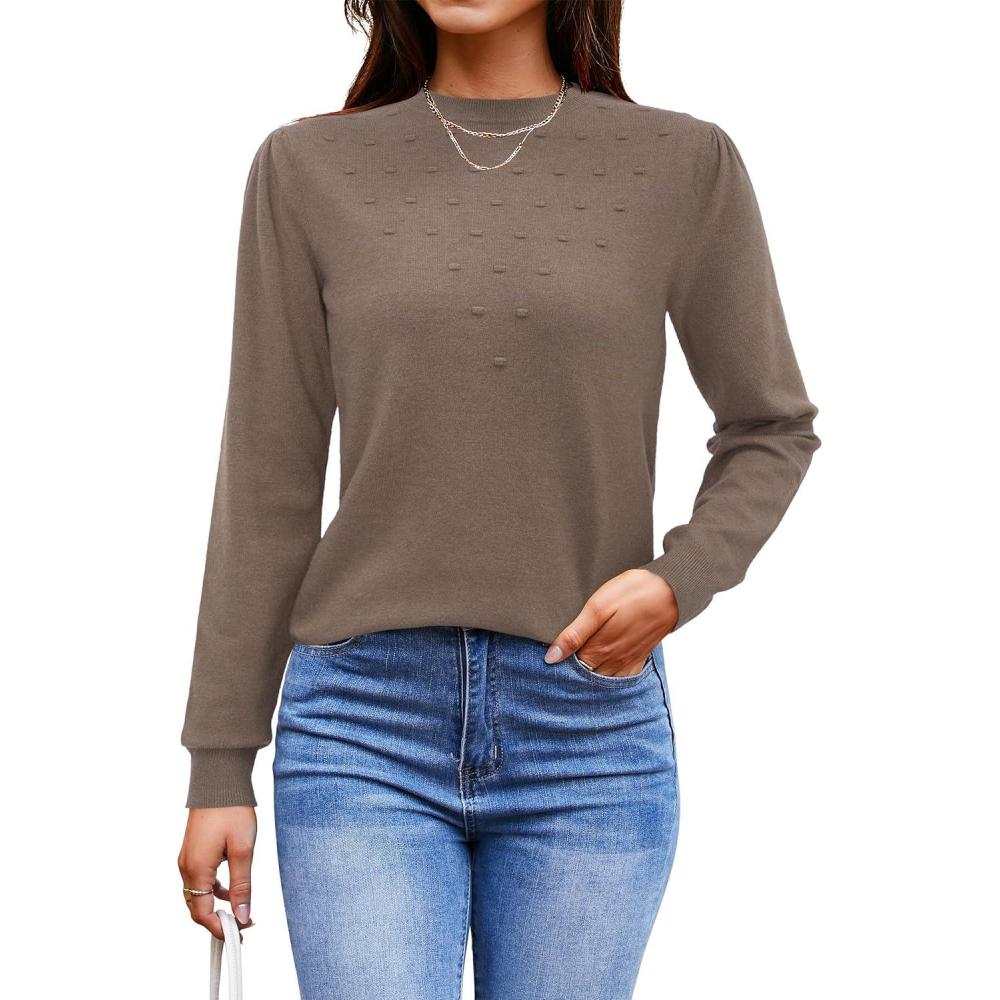 imageArachampCloz 2024 Fall Sweaters Long Puff Sleeve Tops Crew Neck Special Dots Trendy Casual Lightweight Pullover Clothes OutfitsNutmeg