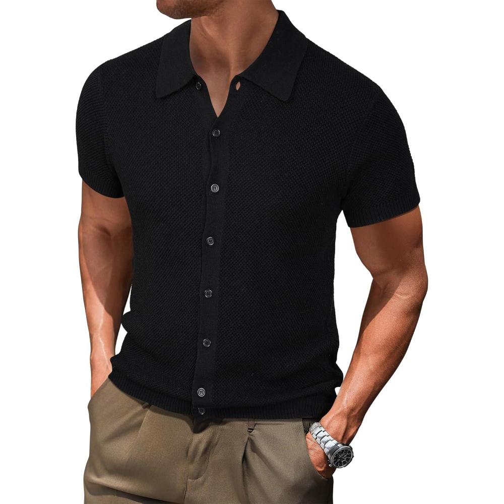 imageArachampCloz Mens Wool Blended Button Down Shirt Short Sleeve Knit 2025 Summer Fashion Dress Shirts Casual Business GolfBlack