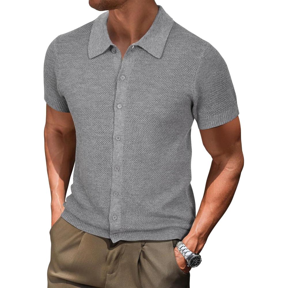 imageArachampCloz Mens Wool Blended Button Down Shirt Short Sleeve Knit 2025 Summer Fashion Dress Shirts Casual Business GolfGray