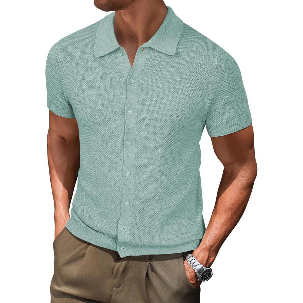 imageArachampCloz Mens Wool Blended Button Down Shirt Short Sleeve Knit 2025 Summer Fashion Dress Shirts Casual Business GolfLight Green
