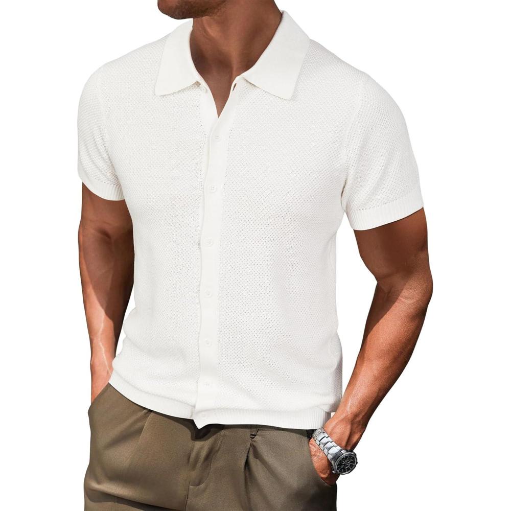 imageArachampCloz Mens Wool Blended Button Down Shirt Short Sleeve Knit 2025 Summer Fashion Dress Shirts Casual Business GolfWhite