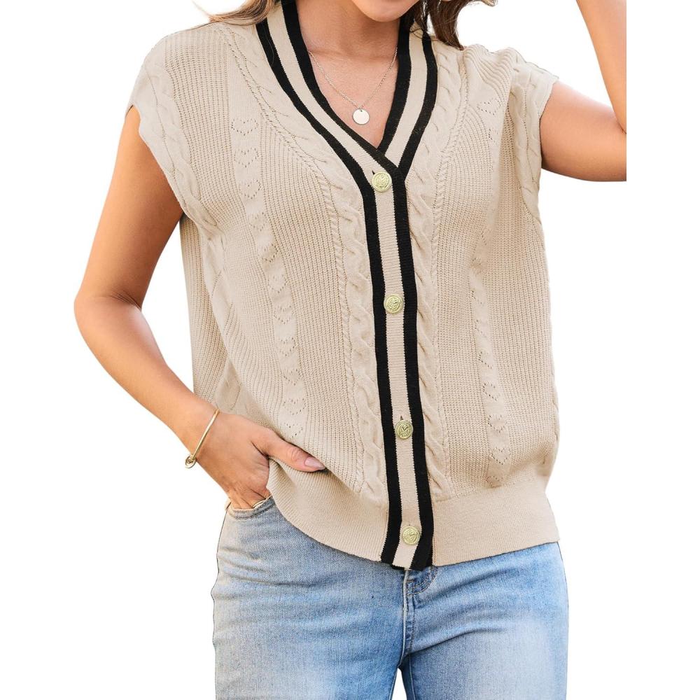 imageArachampCloz Summer Sweater Vest Women Spring Cap Sleeve V Neck Striped Button Casual Cardigan Sweater Knit Tank Tops 2025Apricotblack