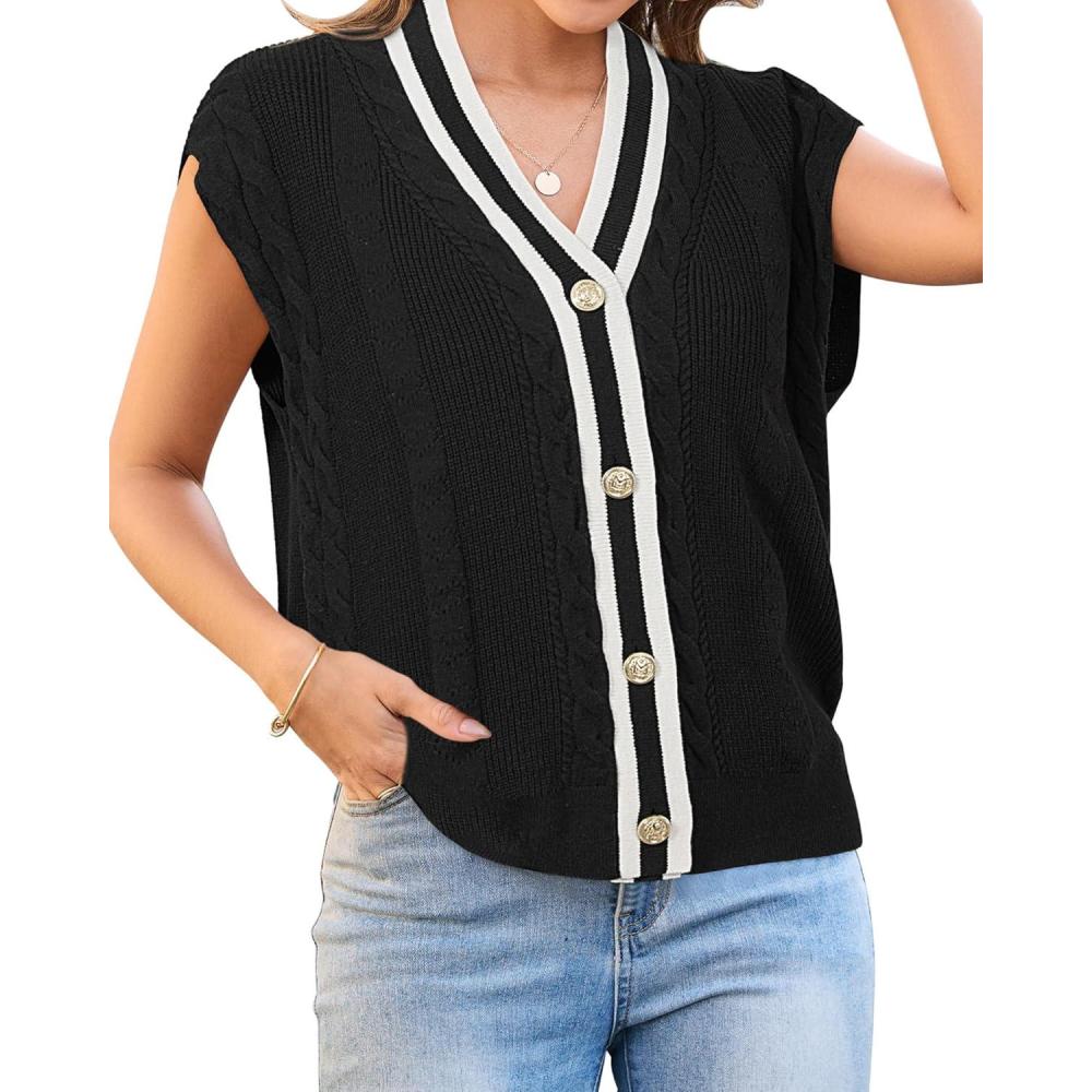 imageArachampCloz Summer Sweater Vest Women Spring Cap Sleeve V Neck Striped Button Casual Cardigan Sweater Knit Tank Tops 2025Blackwhite