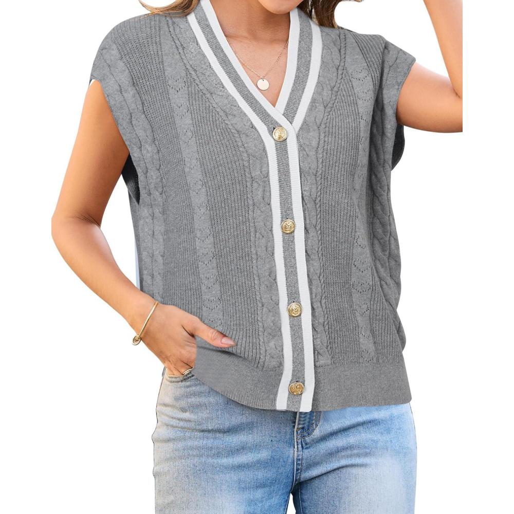 imageArachampCloz Summer Sweater Vest Women Spring Cap Sleeve V Neck Striped Button Casual Cardigan Sweater Knit Tank Tops 2025Greywhite