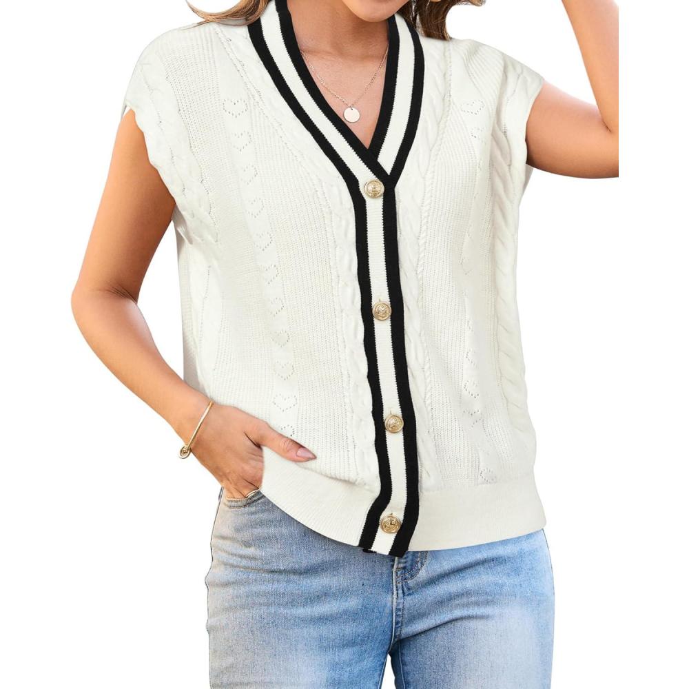 imageArachampCloz Summer Sweater Vest Women Spring Cap Sleeve V Neck Striped Button Casual Cardigan Sweater Knit Tank Tops 2025Whiteblack
