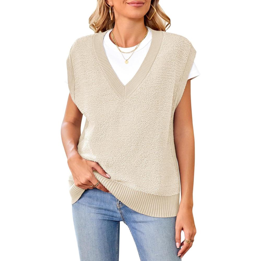 imageArachampCloz Sweaters Vest Women Fall Fleece Sleeveless V Neck Loose Ribbed Knit Pullover Sweater Vest Tops for WomenBeige