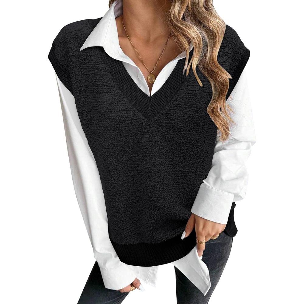 imageArachampCloz Sweaters Vest Women Fall Fleece Sleeveless V Neck Loose Ribbed Knit Pullover Sweater Vest Tops for WomenBlack