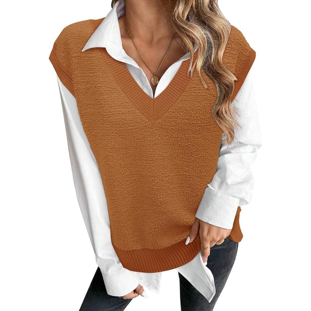 imageArachampCloz Sweaters Vest Women Fall Fleece Sleeveless V Neck Loose Ribbed Knit Pullover Sweater Vest Tops for WomenCamel
