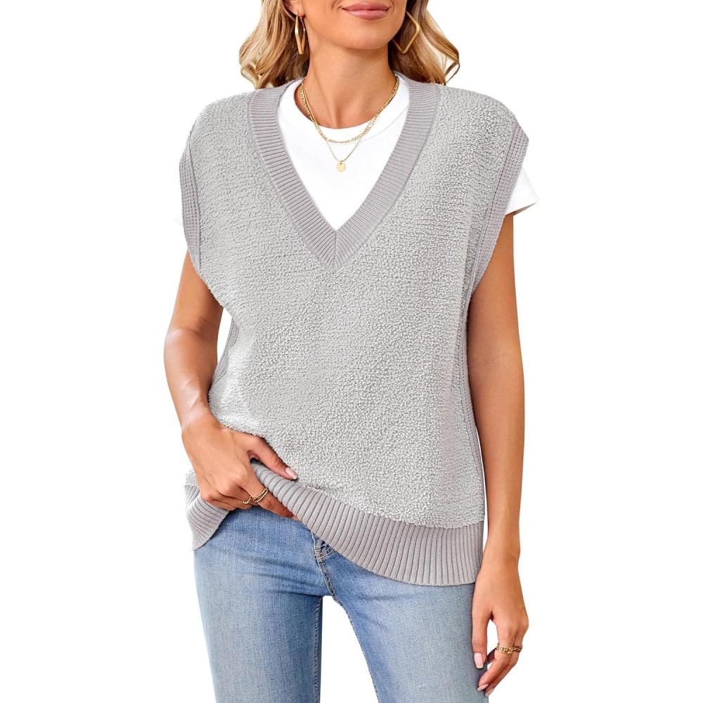 imageArachampCloz Sweaters Vest Women Fall Fleece Sleeveless V Neck Loose Ribbed Knit Pullover Sweater Vest Tops for WomenGray