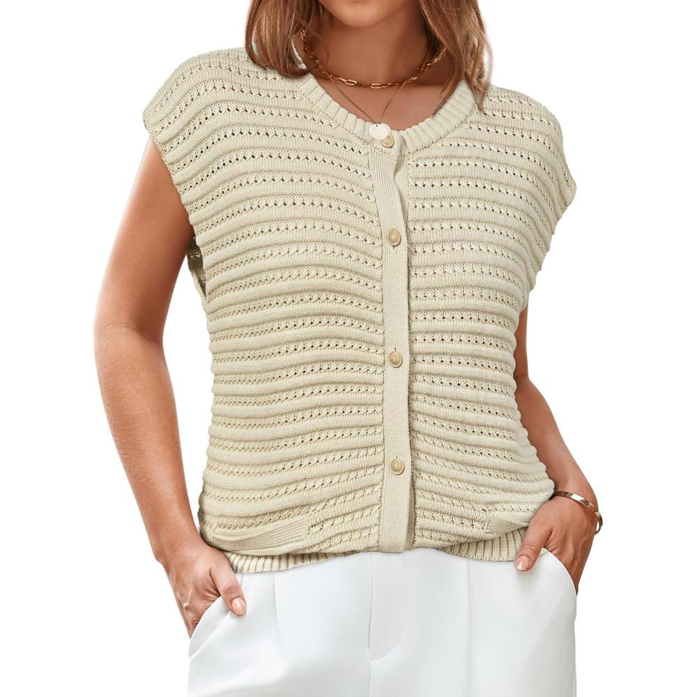 imageArachampCloz Women Cap Sleeve Sweater Vest 2025 Summer Crochet Button Down Knit Cardigan Loose Business Casual Tops TrendyApricot
