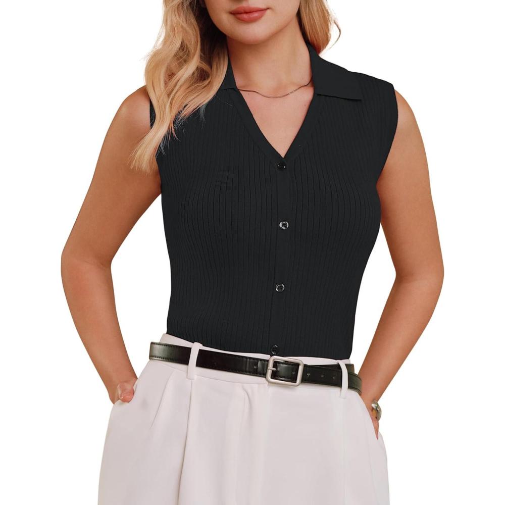 imageArachampCloz Womens 100 Cotton Button Down Summer Business Casual Slim Fitted Tank Tops 2026Black