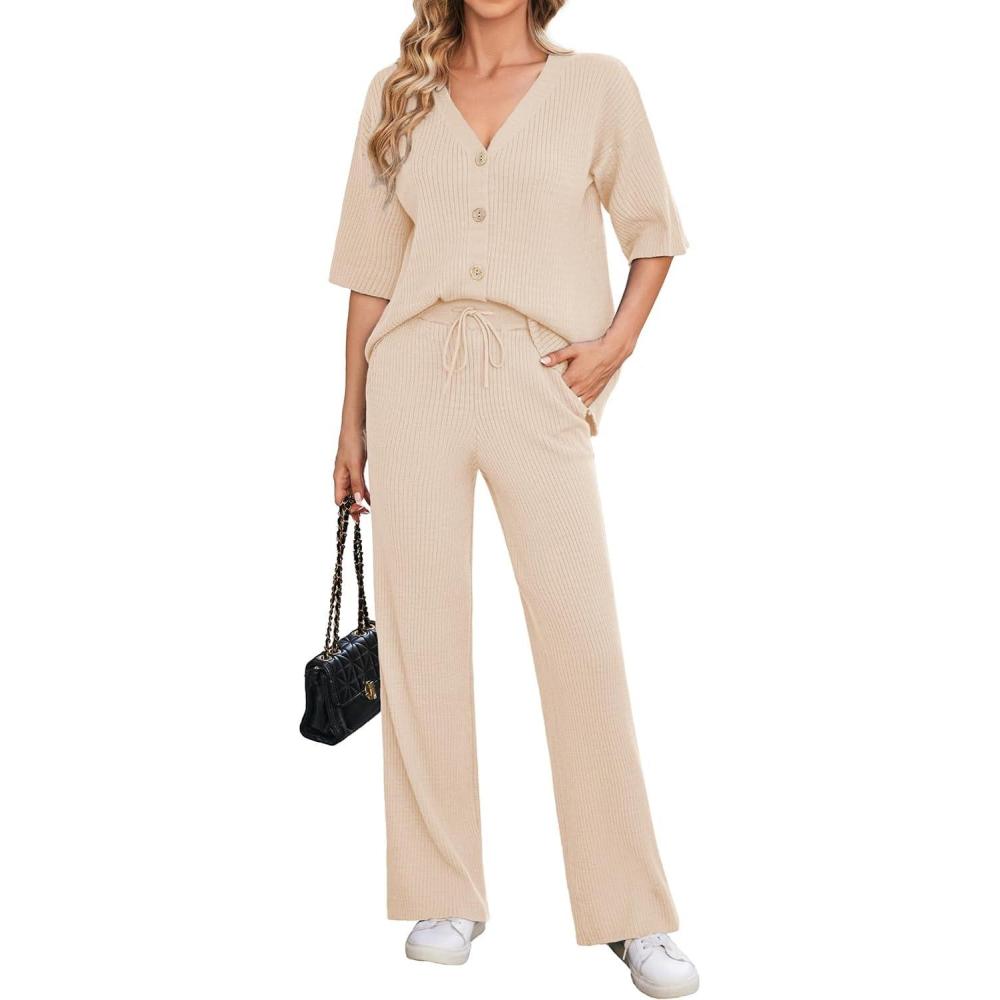 imageArachampCloz Womens 2 Piece Sets Spring Summer Outfits 2024 Short Sleeve Cardigan Sweaters Wide Leg Pants Lounge TracksuitsApricot