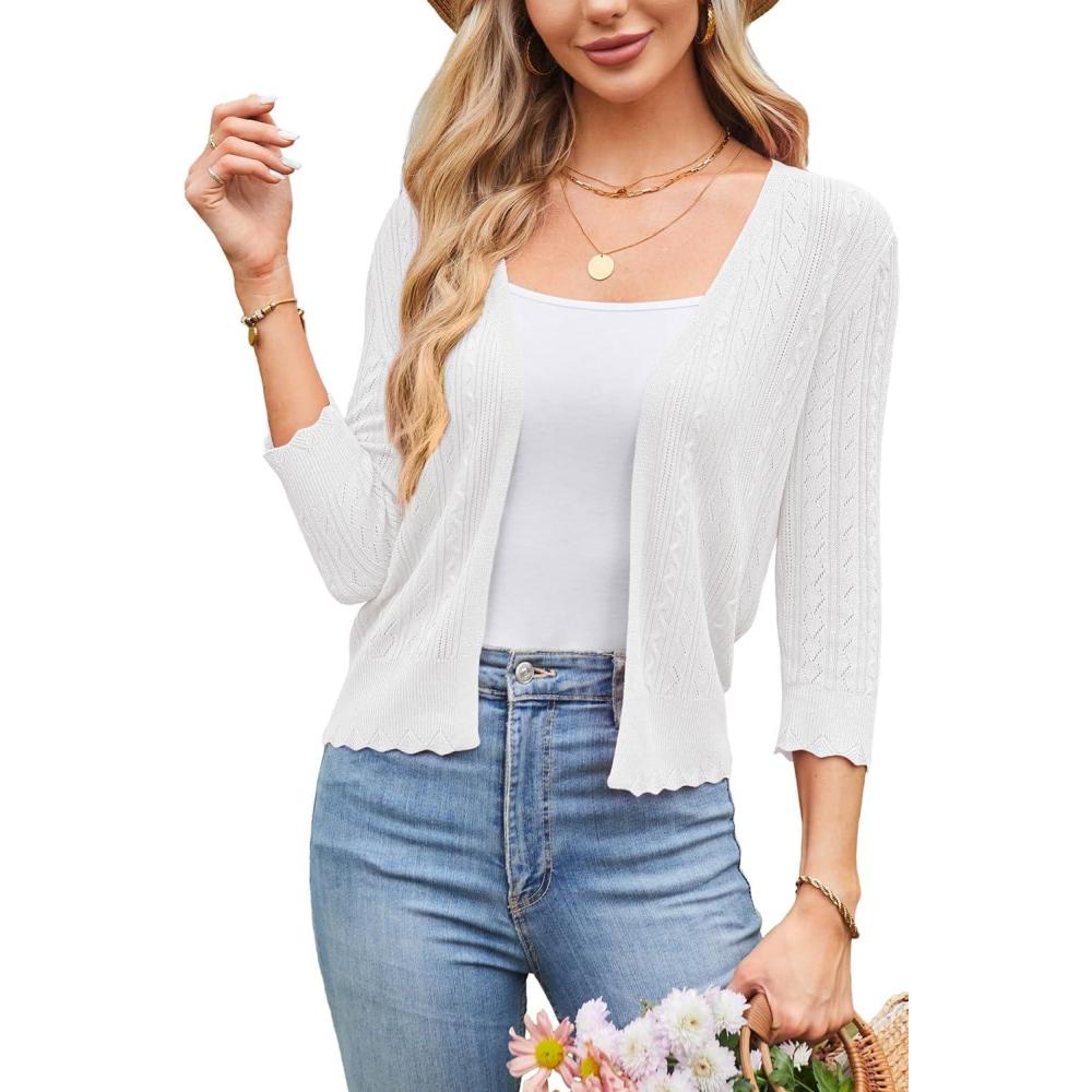 imageArachampCloz Womens 2024 Lightweight Summer Cardigan 34 Sleeve Crochet Patterns Knit Shrug Sweater TopsBeige White