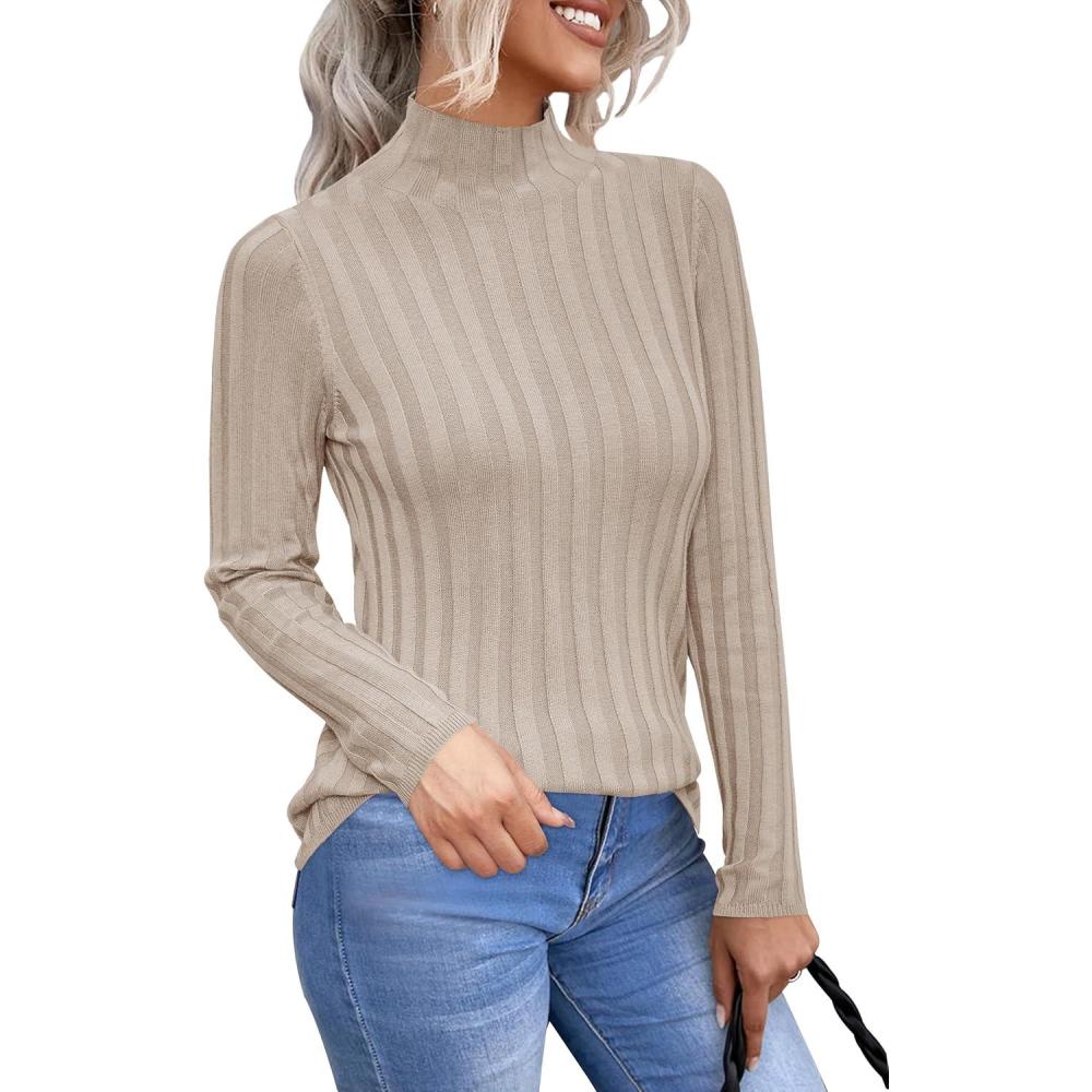 imageArachampCloz Womens Fall Ribbed Wool Blend Sweater Mock Neck Casual Outfits Long Sleeve Fitted Tops Trendy 2024Apricot