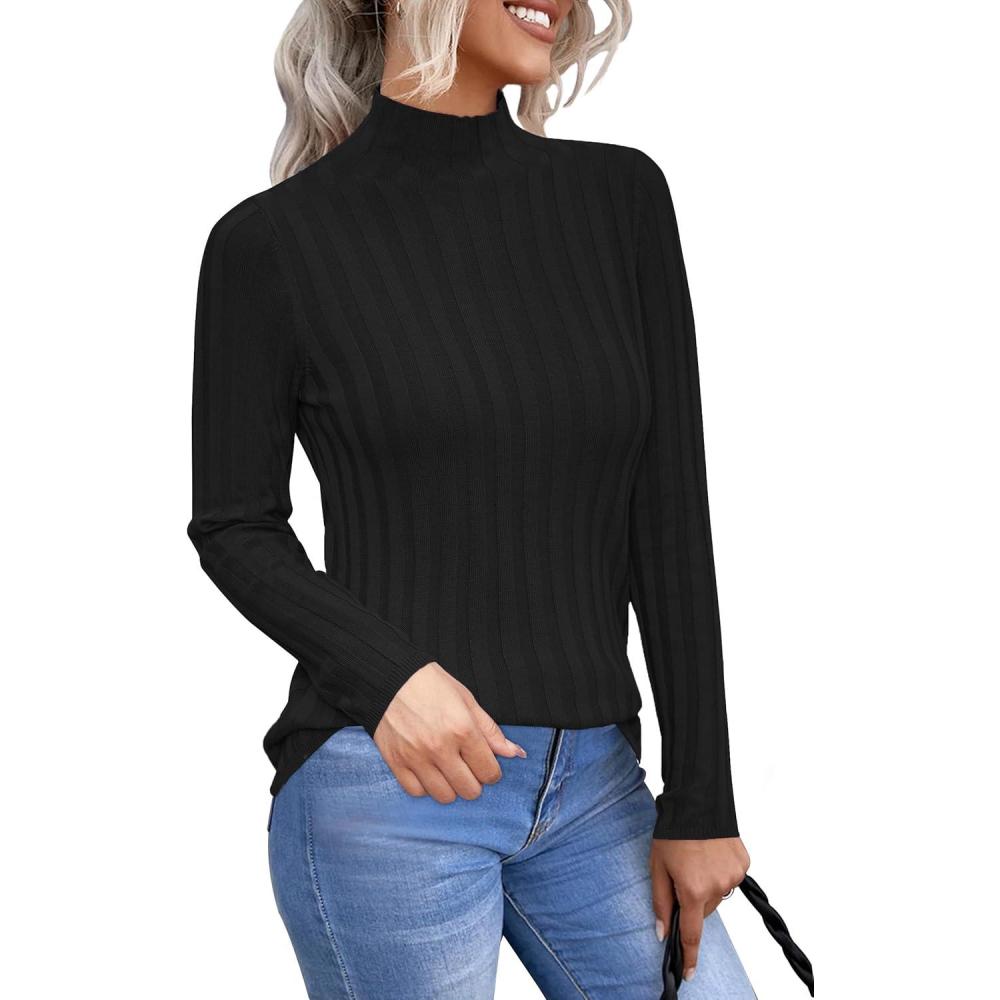 imageArachampCloz Womens Fall Ribbed Wool Blend Sweater Mock Neck Casual Outfits Long Sleeve Fitted Tops Trendy 2024Black