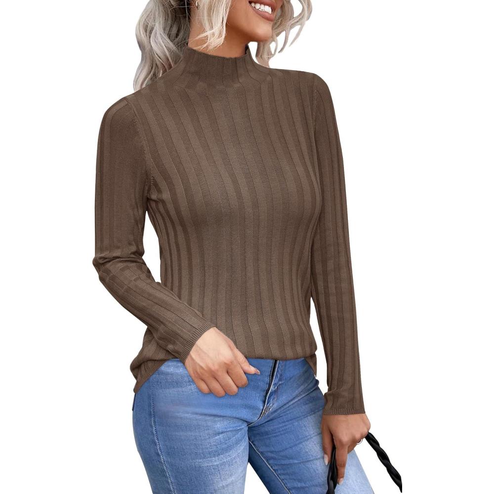 imageArachampCloz Womens Fall Ribbed Wool Blend Sweater Mock Neck Casual Outfits Long Sleeve Fitted Tops Trendy 2024Brown