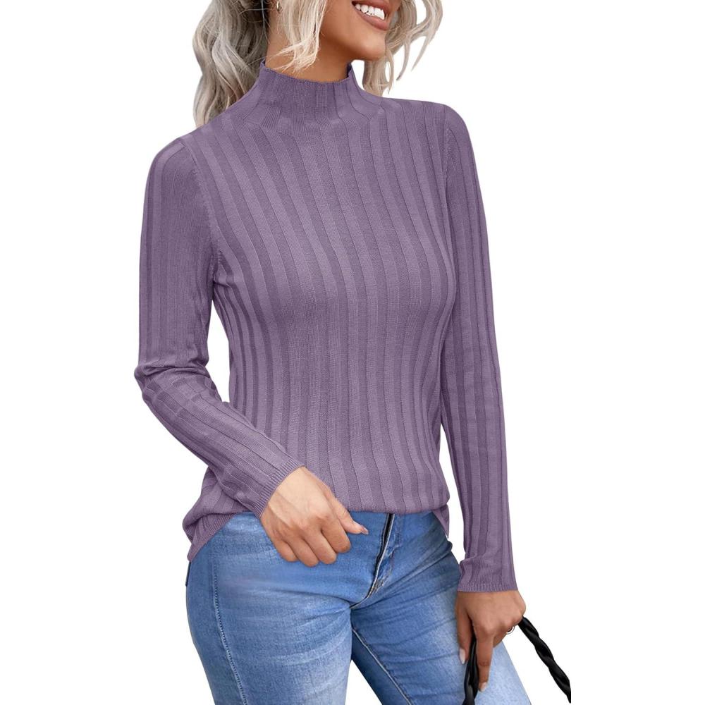 imageArachampCloz Womens Fall Ribbed Wool Blend Sweater Mock Neck Casual Outfits Long Sleeve Fitted Tops Trendy 2024Grey Purple