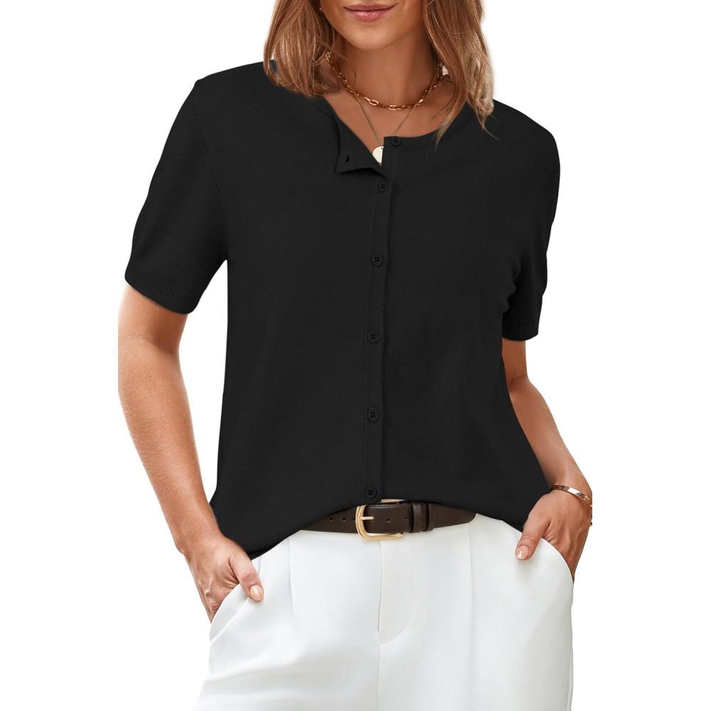 imageArachampCloz Womens Fashion Summer Short Sleeve Cropped Cardigan 2025 Spring Lightweight Button Down Tops Crew Neck Bolero Shrug Business Casual Outfits Work Trendy Black XL
