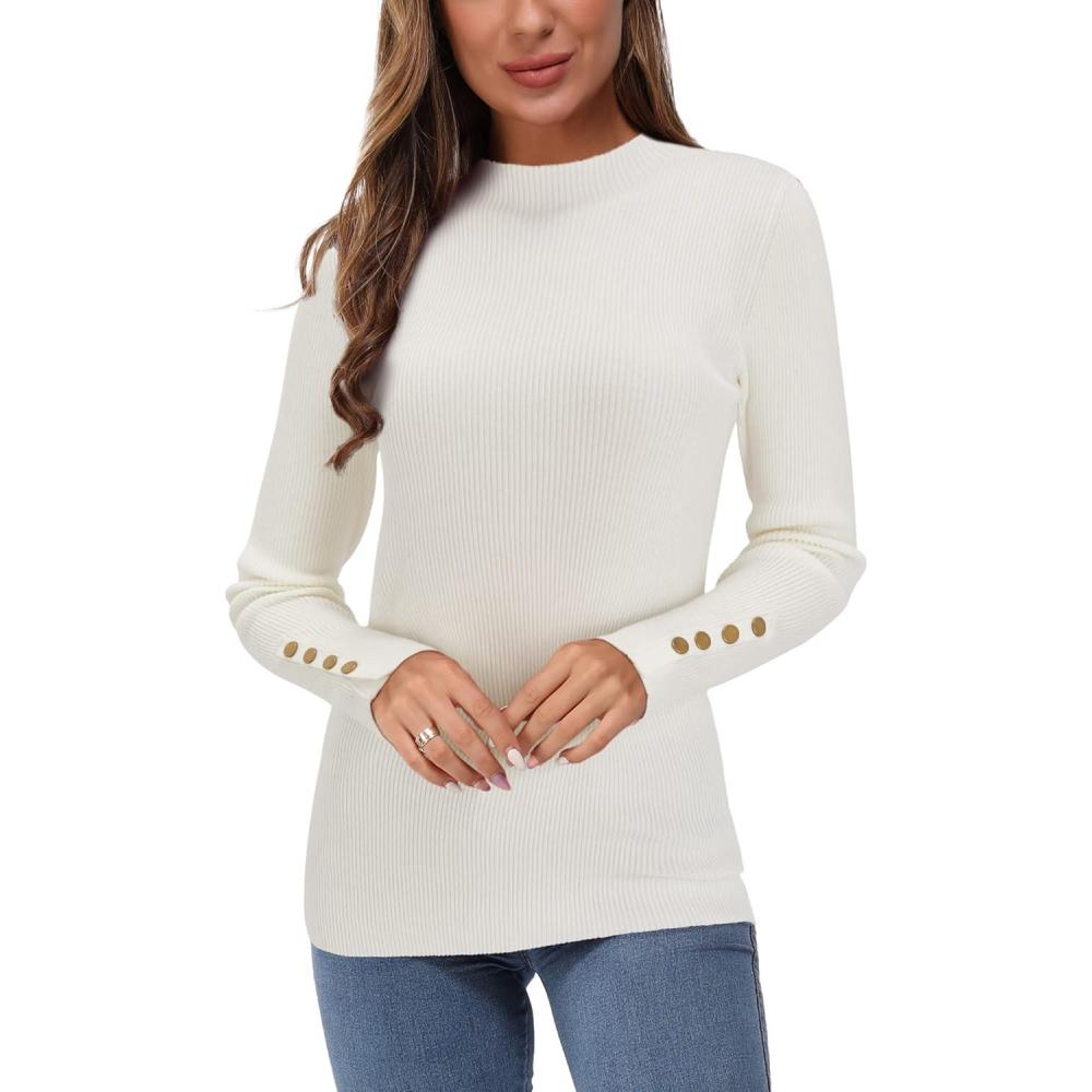 imageArachampCloz Womens Fitted Pullover Sweaters Long Sleeve Mock Neck Knitted Tops Fall Fashion 2022Whiteb