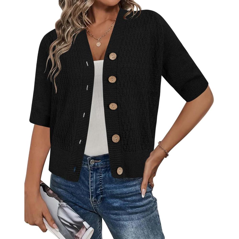 imageArachampCloz Womens Lightweight Cardigan Short Sleeve Shrugs Button Crochet Knit Fashion Sweaters Tops Cozy CloudsBlack