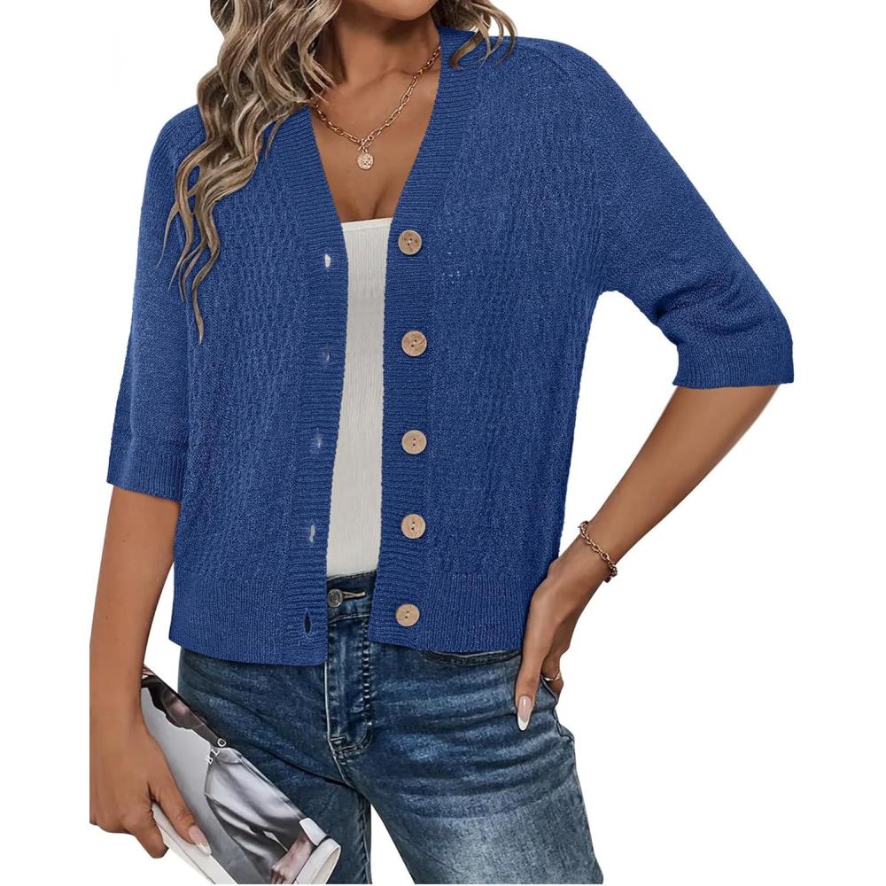imageArachampCloz Womens Lightweight Cardigan Short Sleeve Shrugs Button Crochet Knit Fashion Sweaters Tops Cozy CloudsBlue