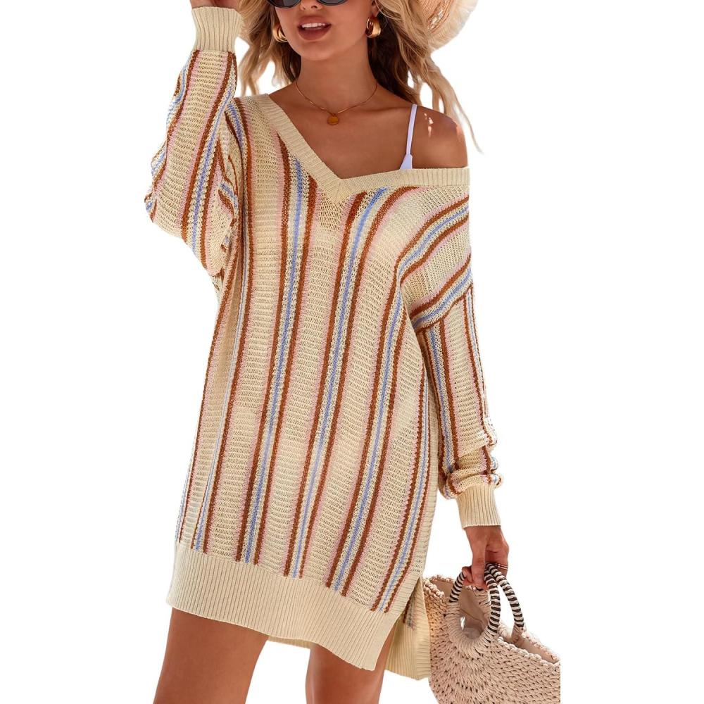 imageArachampCloz Womens Linen Blend V Neck Crochet Knit Striped Cover Up Vacation Outfits 2026Apricot Stripe