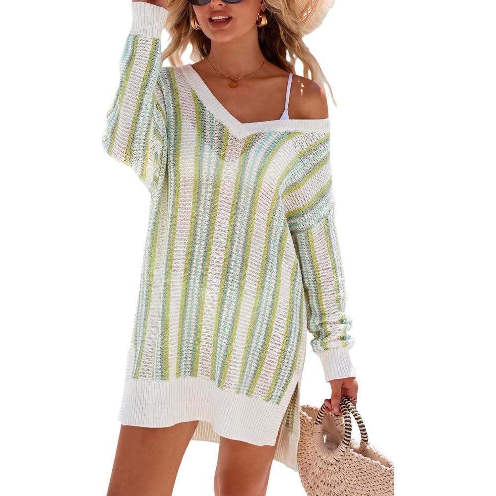 imageArachampCloz Womens Linen Blend V Neck Crochet Knit Striped Cover Up Vacation Outfits 2026Green Stripe