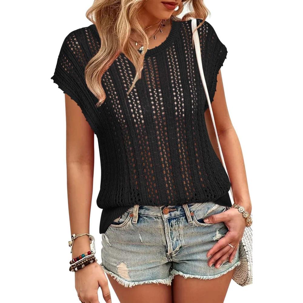 imageArachampCloz Womens Summer Crochet Tops 2024 Lightweight Cap Sleeve Crew Neck Knit Fashion Casual Sleeveless Sweater VestBlack