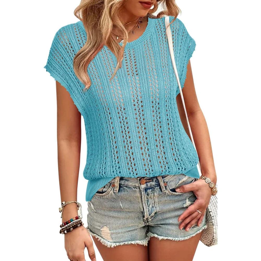 imageArachampCloz Womens Summer Crochet Tops 2024 Lightweight Cap Sleeve Crew Neck Knit Fashion Casual Sleeveless Sweater VestBlue