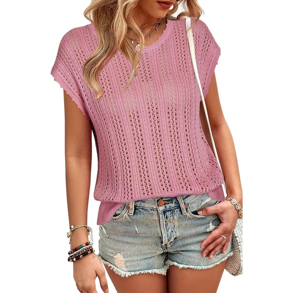 imageArachampCloz Womens Summer Crochet Tops 2024 Lightweight Cap Sleeve Crew Neck Knit Fashion Casual Sleeveless Sweater VestPink