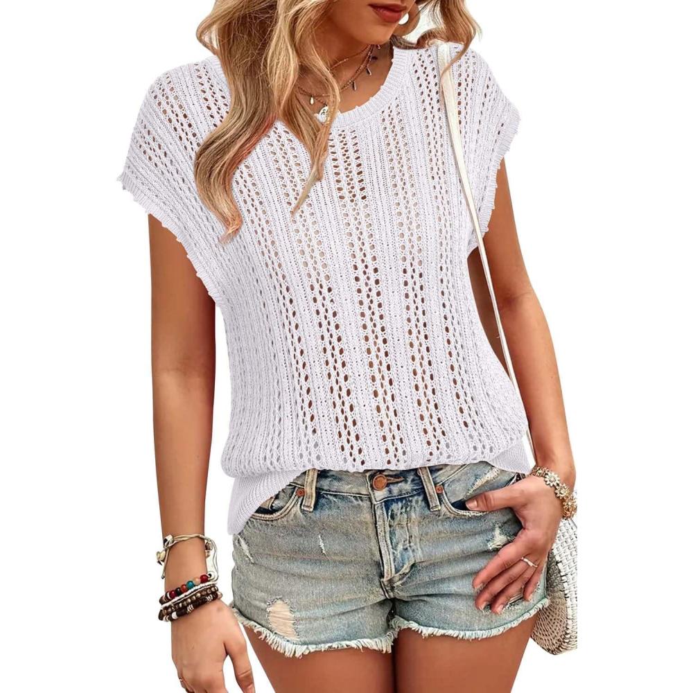 imageArachampCloz Womens Summer Crochet Tops 2024 Lightweight Cap Sleeve Crew Neck Knit Fashion Casual Sleeveless Sweater VestWhite
