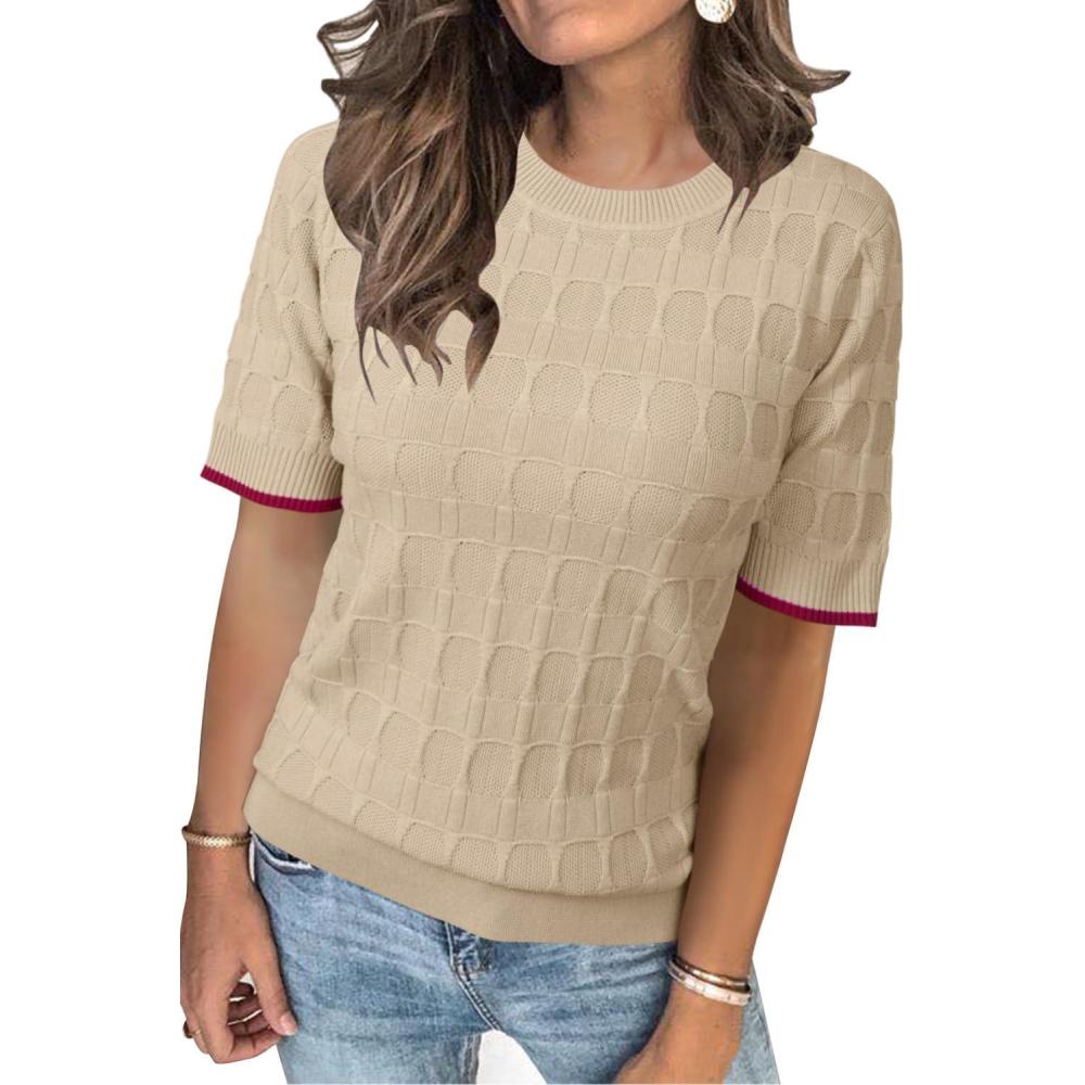 imageArachampCloz Womens Summer Fall Lightweight Tops Short Sleeve Dressy BlouseApricot and Dark Red