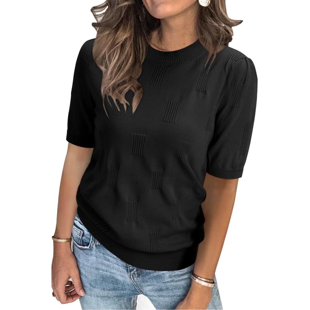 imageArachampCloz Womens Summer Fall Lightweight Tops Short Sleeve Dressy BlouseBlack