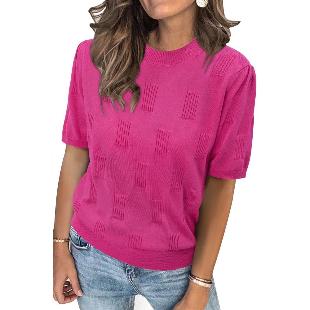 imageArachampCloz Womens Summer Fall Lightweight Tops Short Sleeve Dressy BlouseHot Pink
