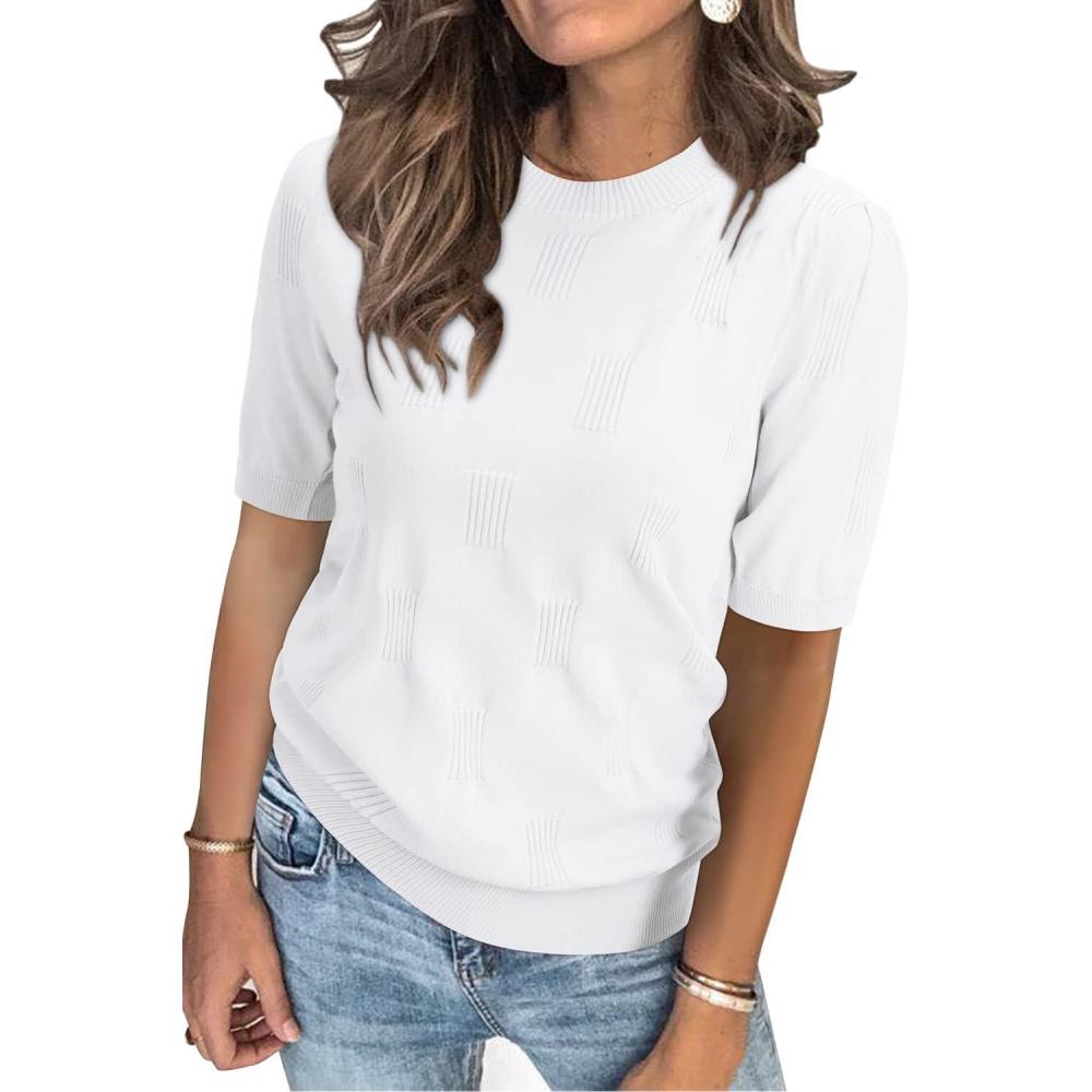 imageArachampCloz Womens Summer Fall Lightweight Tops Short Sleeve Dressy BlouseOffwhite