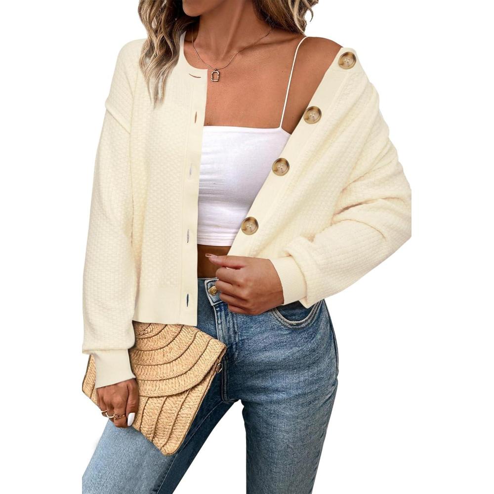 imageArachampCloz Womens Waffle Cropped Cardigan Ultra Stretchy 2025 Spring Soft Chunky Button Business Casual SweatersApricot