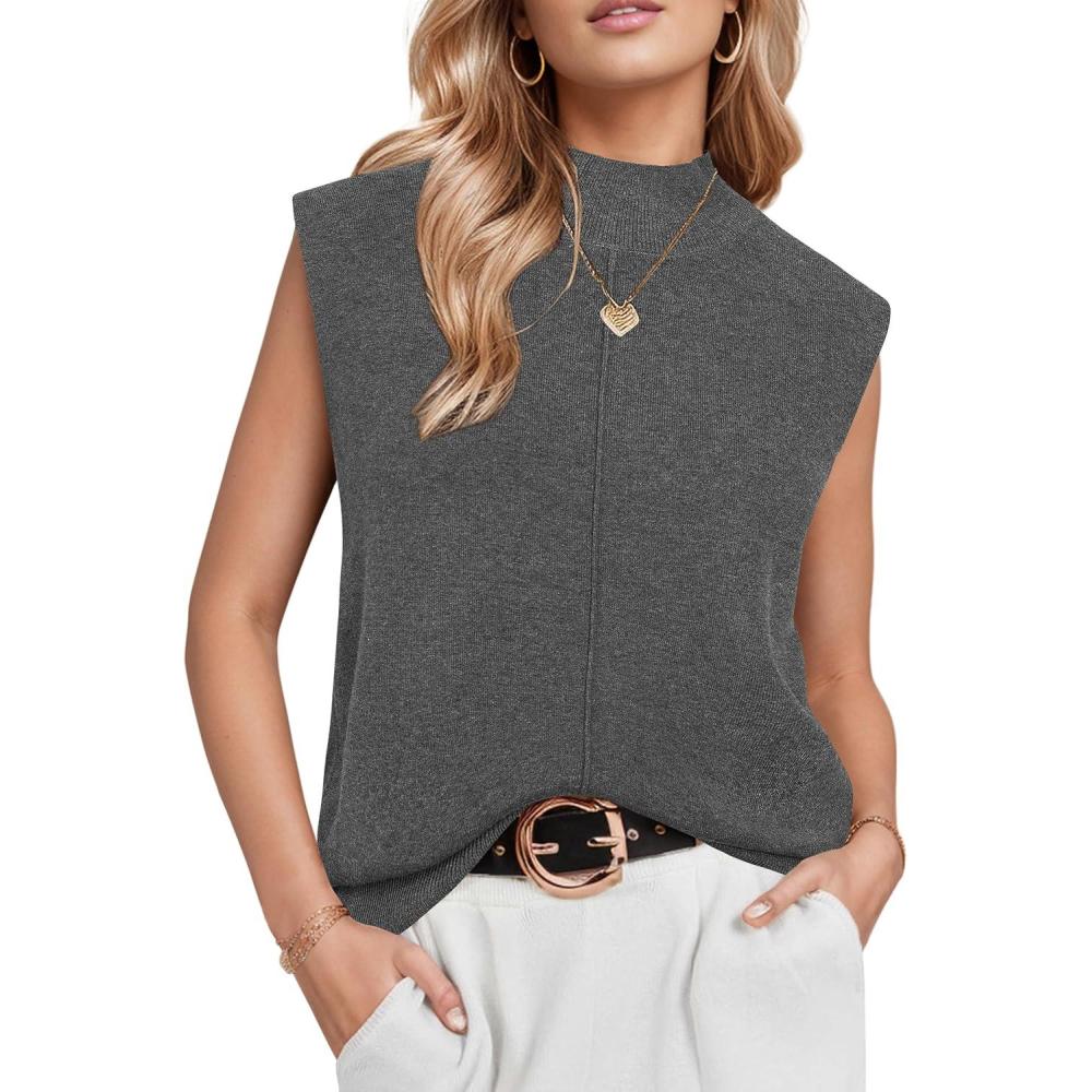imageArachampCloz Womens Wool Blend Mock Neck Sweaters Vest Business Casual Lightweight Trendy Tops Summer Outfits 2026Dark Grey