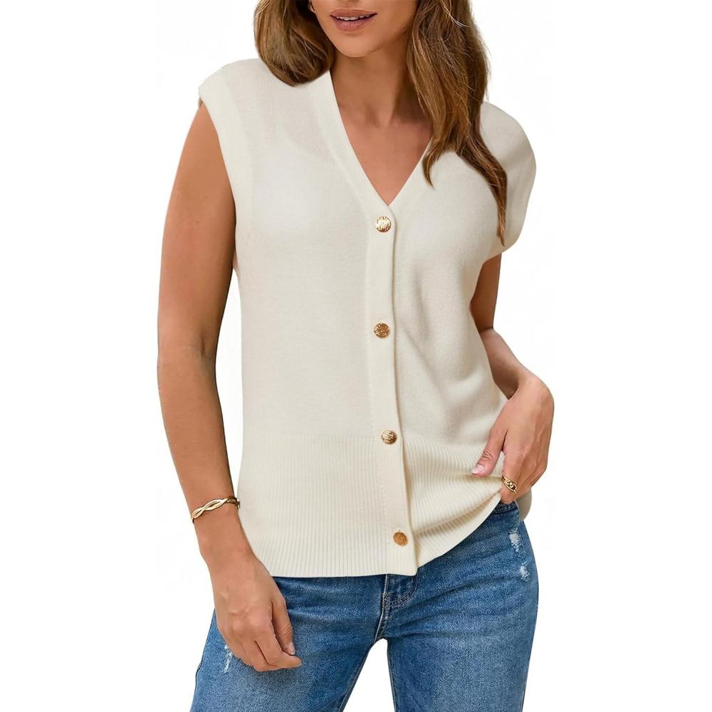 imageArachampCloz Womens Wool Blend V Neck Button Down Summer Business Casual Sweater Vests 2026Offwhite