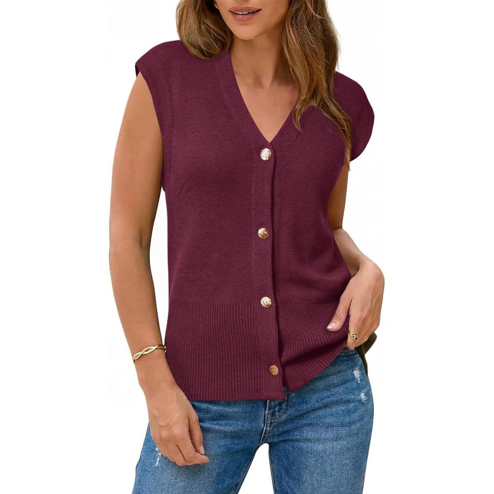 imageArachampCloz Womens Wool Blend V Neck Button Down Summer Business Casual Sweater Vests 2026Wine