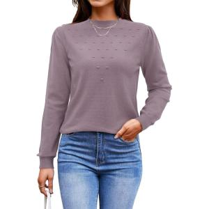 Arach&Cloz 2024 Fall Sweaters Long Puff Sleeve Tops Crew Neck Special Dots Trendy Casual Lightweight Pullover Clothes Outfits(Grey Purple)