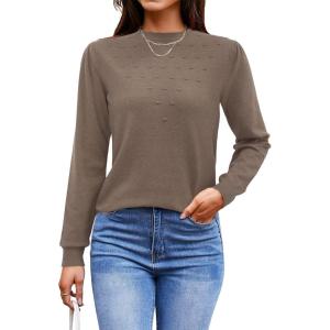 Arach&Cloz 2024 Fall Sweaters Long Puff Sleeve Tops Crew Neck Special Dots Trendy Casual Lightweight Pullover Clothes Outfits(Nutmeg)