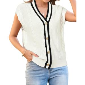 Arach&Cloz Summer Sweater Vest Women Spring Cap Sleeve V Neck Striped Button Casual Cardigan Sweater Knit Tank Tops 2025(White-black)