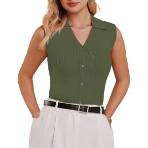 Arach&Cloz Women’s 100% Cotton Button Down Summer Business Casual Slim Fitted Tank Tops 2026(Army Green)