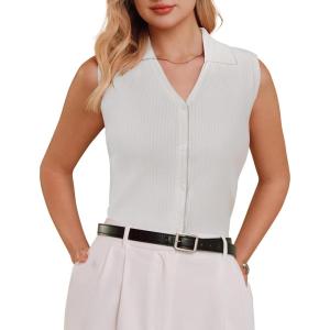 Arach&Cloz Women’s 100% Cotton Button Down Summer Business Casual Slim Fitted Tank Tops 2026(Beige)