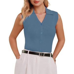 Arach&Cloz Women’s 100% Cotton Button Down Summer Business Casual Slim Fitted Tank Tops 2026(Denim)