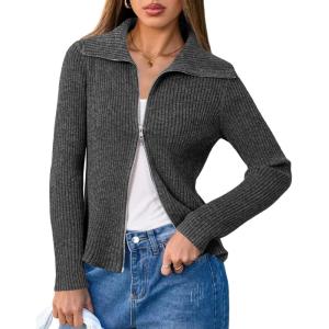 Arach&Cloz Women’s Cardigan Sweaters 2025 Wool Blend Zip Up Long Sleeve Lapel V Neck Business Casual Outfits Dark Gray M